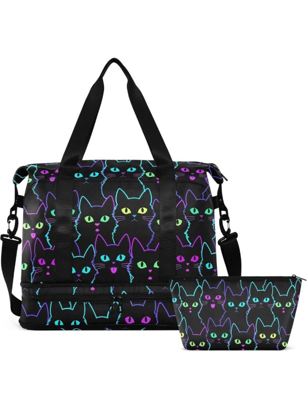 Colorful Neon Cat Travel Duffel Tote Bag with Wet Pocket - Weekender Gym